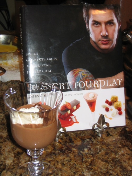 Chocolate soup with Devon Cream with Johhny Iuzzini's book in the background
